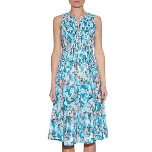 Rebecca Taylor Blue Aloha Print Pintuck Dress Size 4 Floral Pleated Below Knee
